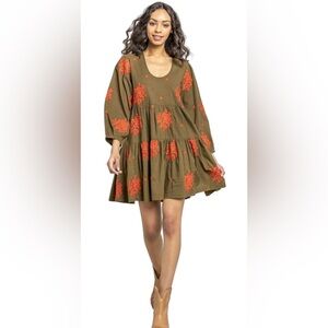 Pink Chicken Olive Green Dress with Red Orange Floral Embroidery